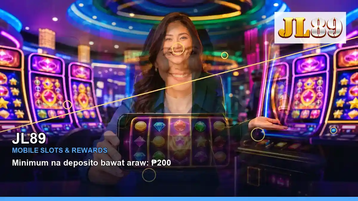 JL89 Philippines casino guide with centered VIP casino rewards and an adult Filipina casino host